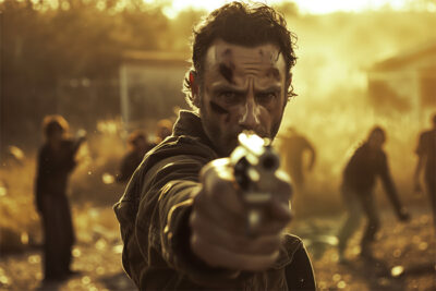 A man with a dirty face, resembling Rick Grimes from The Walking Dead, points a handgun toward the camera as several zombie-like figures approach in a blurred, sunlit background. Horror poster available in A1 to A4 sizes.