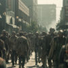 A large group of zombies, reminiscent of The Walking Dead, walk down a city street in daylight, surrounded by tall buildings and urban scenery. Horror poster available in A1 to A4 sizes.
