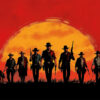 Seven cowboys, each armed with guns, stand in silhouette against a large, setting sun with a red and orange sky—a striking scene reminiscent of Red Dead Redemption 2 artwork. A horse stands to the left. Gaming poster available in A1 to A4 sizes.