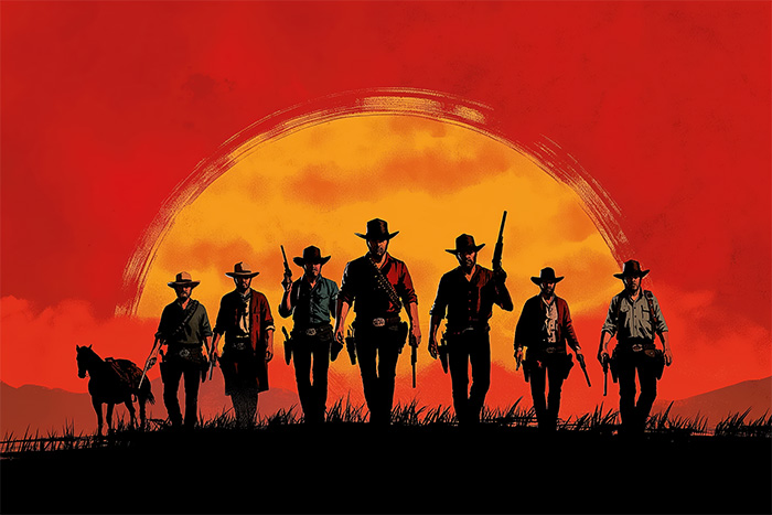 product-image-3-2 Seven cowboys, each armed with guns, stand in silhouette against a large, setting sun with a red and orange sky—a striking scene reminiscent of Red Dead Redemption 2 artwork. A horse stands to the left. Gaming poster available in A1 to A4 sizes.