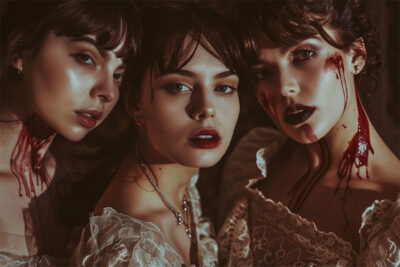 Three women in vintage lace dresses with dramatic makeup; two have blood and wounds on their necks, evoking a vampire or horror theme. Fantasy art poster available in A1 to A4 sizes.