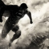 A muscular Superman in a costume with a cape and S emblem flies through a cloud of debris, surrounded by dramatic lighting in this striking black and white scene. Fantasy art poster available in A1 to A4 sizes.