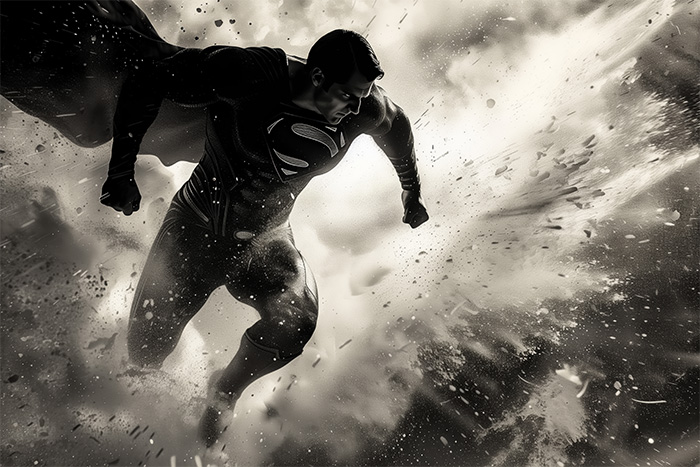 product-image-3-2 A muscular Superman in a costume with a cape and S emblem flies through a cloud of debris, surrounded by dramatic lighting in this striking black and white scene. Fantasy art poster available in A1 to A4 sizes.