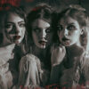 Three women in white dresses with smeared dark makeup and fake blood pose together in a dim, eerie setting, evoking a gothic or horror-themed atmosphere. Fantasy art poster available in A1 to A4 sizes.