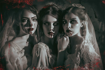 Three women in white dresses with smeared dark makeup and fake blood pose together in a dim, eerie setting, evoking a gothic or horror-themed atmosphere. Fantasy art poster available in A1 to A4 sizes.