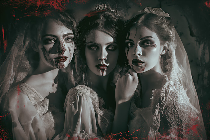 product-image-3-2 Three women in white dresses with smeared dark makeup and fake blood pose together in a dim, eerie setting, evoking a gothic or horror-themed atmosphere. Fantasy art poster available in A1 to A4 sizes.