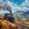 A steam locomotive travels on a railway track through a vibrant autumn landscape with mountains, trees, and a lake under a partly cloudy sky. Wall art print available in A1 to A4 sizes.