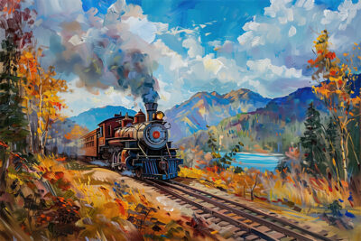 A steam locomotive travels on a railway track through a vibrant autumn landscape with mountains, trees, and a lake under a partly cloudy sky. Wall art print available in A1 to A4 sizes.
