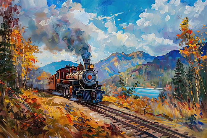 product-image-3-2 A steam locomotive travels on a railway track through a vibrant autumn landscape with mountains, trees, and a lake under a partly cloudy sky. Wall art print available in A1 to A4 sizes.