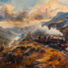 A steam train travels through a scenic, mountainous landscape with dramatic clouds, autumn foliage, and a river in the background. Wall art print available in A1 to A4 sizes.