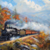 A black steam locomotive pulls passenger cars through a scenic, autumn forest with colourful foliage and mountains under a partly cloudy sky. Wall art print available in A1 to A4 sizes.
