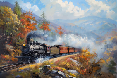 A black steam locomotive pulls passenger cars through a scenic, autumn forest with colourful foliage and mountains under a partly cloudy sky. Wall art print available in A1 to A4 sizes.