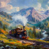 A steam locomotive travels through a scenic mountain landscape, surrounded by trees, wildflowers, and a flowing stream under a partly cloudy sky. Wall art print available in A1 to A4 sizes.