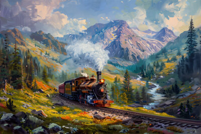 A steam locomotive travels through a scenic mountain landscape, surrounded by trees, wildflowers, and a flowing stream under a partly cloudy sky. Wall art print available in A1 to A4 sizes.