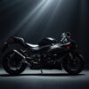 A sleek black Suzuki GSXR-1000 sport motorcycle is displayed in a dark studio, illuminated by overhead spotlights highlighting its aerodynamic design. Wall art print available in A1 to A4 sizes.