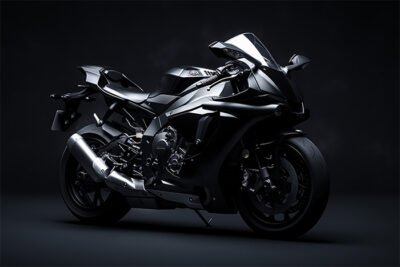 A Yamaha R1 motorcycle is shown on a dark background, positioned at an angle, highlighting its sleek design and metallic components. Wall art print available in A1 to A4 sizes.