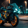 A modern Yamaha R1 bike with illuminated headlights and gold rims parked on a city street at night under streetlights. Wall art print available in A1 to A4 sizes.