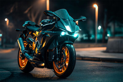 A modern Yamaha R1 bike with illuminated headlights and gold rims parked on a city street at night under streetlights. Wall art print available in A1 to A4 sizes.