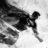 Black and white image of Superman in a suit with an S emblem, flying forward with a clenched fist as debris swirls around him. Fantasy art poster available in A1 to A4 sizes.