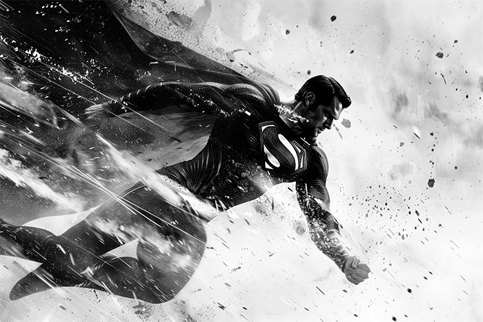 product-image-3-2 Black and white image of Superman in a suit with an S emblem, flying forward with a clenched fist as debris swirls around him. Fantasy art poster available in A1 to A4 sizes.