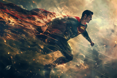 Superman flying through the air surrounded by sparks and debris, with a red cape trailing behind—an epic scene. Fantasy art poster available in A1 to A4 sizes.