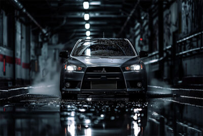 A black Mitsubishi Evo 2 sedan is parked in a dimly lit urban tunnel, with water reflections on the ground and droplets glistening on the car’s surface. Wall art print available in A1 to A4 sizes.