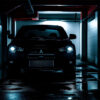 A black Mitsubishi Evo 3 with headlights on is parked in a dimly lit, reflective underground garage. Wall art print available in A1 to A4 sizes.