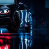 A close-up of a black Volkswagen Golf GTI with illuminated headlights and red accents is reflected on a wet surface in a dimly lit environment. Wall art print available in A1 to A4 sizes.
