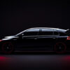 A black Volkswagen Golf hatchback viewed in profile against a dark background, with red accent lighting highlighting its outline and wheels. Wall art print available in A1 to A4 sizes.