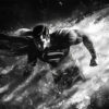 A striking black and white image of Superman flying forward, his cape billowing behind him as he pushes through swirling clouds and energy effects with an intense expression. Fantasy art poster available in A1 to A4 sizes.