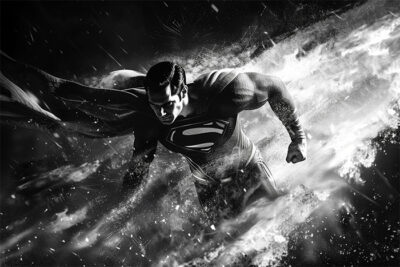 A striking black and white image of Superman flying forward, his cape billowing behind him as he pushes through swirling clouds and energy effects with an intense expression. Fantasy art poster available in A1 to A4 sizes.