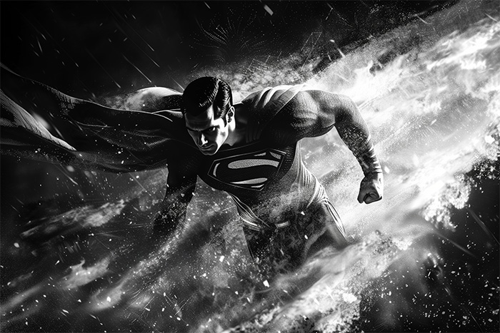 product-image-3-2 A striking black and white image of Superman flying forward, his cape billowing behind him as he pushes through swirling clouds and energy effects with an intense expression. Fantasy art poster available in A1 to A4 sizes.
