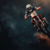 A motocross rider in full gear jumps a dirt bike through the air against a dark, dramatic background with dust and debris. Wall art print available in A1 to A4 sizes.