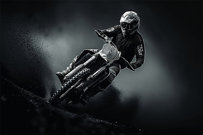 A person wearing a helmet and protective gear rides a motocross bike at speed, kicking up dirt against a dark, dramatic background. Wall art print available in A1 to A4 sizes.