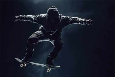 A person in a hoodie and pants performs a skateboard trick mid-air against a dark background. Wall art print available in A1 to A4 sizes.