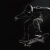 A person in a black hoodie and pants performs a jump on a skateboard against a dark background. Wall art print available in A1 to A4 sizes.