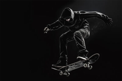 A person in a black hoodie and pants performs a jump on a skateboard against a dark background. Wall art print available in A1 to A4 sizes.