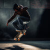 A skateboarder in a hoodie performs a trick in mid-air indoors, with dramatic lighting highlighting the scene. Wall art print available in A1 to A4 sizes.
