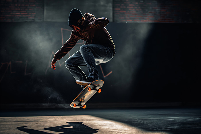 product-image-3-2 A skateboarder in a hoodie performs a trick in mid-air indoors, with dramatic lighting highlighting the scene. Wall art print available in A1 to A4 sizes.