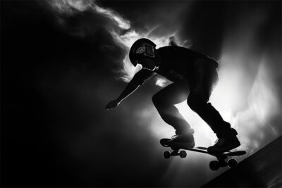 A person wearing a helmet rides a skateboard down a ramp, silhouetted against a bright, smoky background. Wall art print available in A1 to A4 sizes.