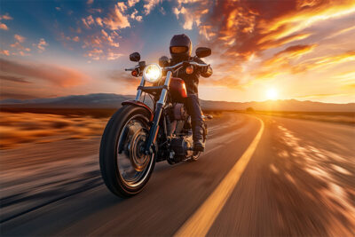 A person wearing a helmet rides a motorcycle on a curving road at sunset, with dramatic clouds and sunlight in the background. Wall art print available in A1 to A4 sizes.