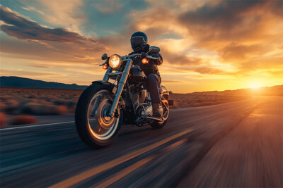 A person rides a motorcycle on a deserted road at sunset, with dramatic clouds and a glowing sky in the background. Wall art print available in A1 to A4 sizes.