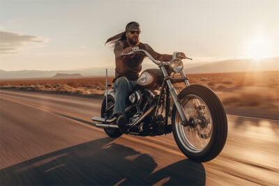 A man with sunglasses and a bandana rides a motorcycle on an open desert road during sunset. Wall art print available in A1 to A4 sizes.