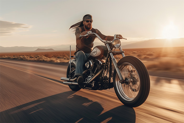 product-image-3-2 A man with sunglasses and a bandana rides a motorcycle on an open desert road during sunset. Wall art print available in A1 to A4 sizes.