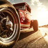 Close-up of a vintage race cars front wheel on a racetrack with sunlight reflecting off the car and asphalt. Wall art print available in A1 to A4 sizes.