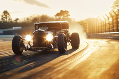 A vintage hot rod car drives on a racetrack at sunset with its headlights on and blurred background showing speed. Wall art print available in A1 to A4 sizes.