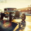 A classic black hot rod car accelerates on a drag racing track at sunset, leaving smoke behind as spectators watch from the stands. Wall art print available in A1 to A4 sizes.