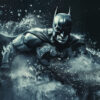 Batman in armoured suit moves forward through smoke and debris, his determined expression set in a dark, dramatic B&W version atmosphere. Fantasy art poster available in A1 to A4 sizes.