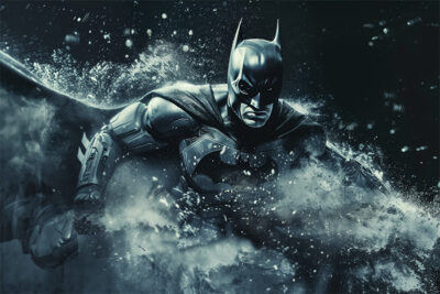 Batman in armoured suit moves forward through smoke and debris, his determined expression set in a dark, dramatic B&W version atmosphere. Fantasy art poster available in A1 to A4 sizes.