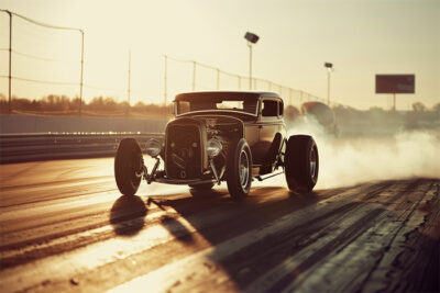 A vintage hot rod car accelerates on a drag strip at sunset, kicking up smoke from its rear tires. Wall art print available in A1 to A4 sizes.
